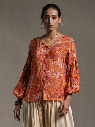 Ritu Kumar-Orange Paisley Print Shirt-INDIASPOPUP.COM