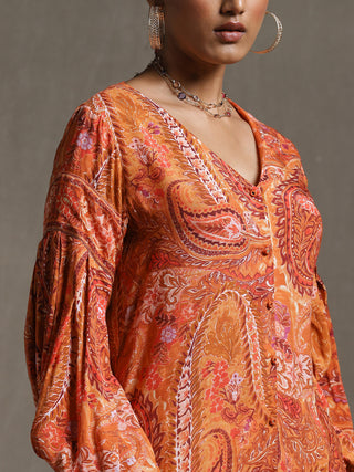 Ritu Kumar-Orange Paisley Print Shirt-INDIASPOPUP.COM