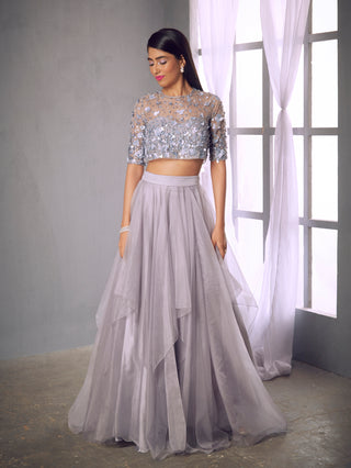 Shloka Khialani-Lilac Grey Crop Top With Bralet & Skirt-INDIASPOPUP.COM