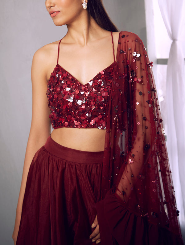 Shloka Khialani-Maroon Embroidered Halter Crop With Skirt Set-INDIASPOPUP.COM
