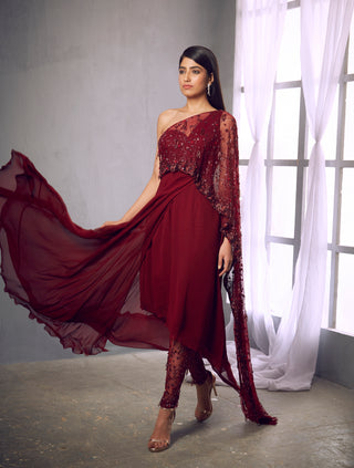 Shloka Khialani-Maroon Asymmetric Kurta With Pants-INDIASPOPUP.COM