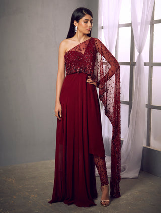 Shloka Khialani-Maroon Asymmetric Kurta With Pants-INDIASPOPUP.COM