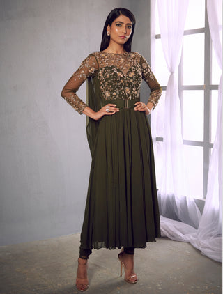 Shloka Khialani-Olive Green Embellished Anarkali With Pants-INDIASPOPUP.COM