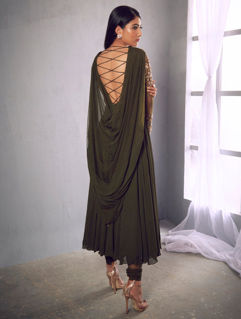Shloka Khialani-Olive Green Embellished Anarkali With Pants-INDIASPOPUP.COM