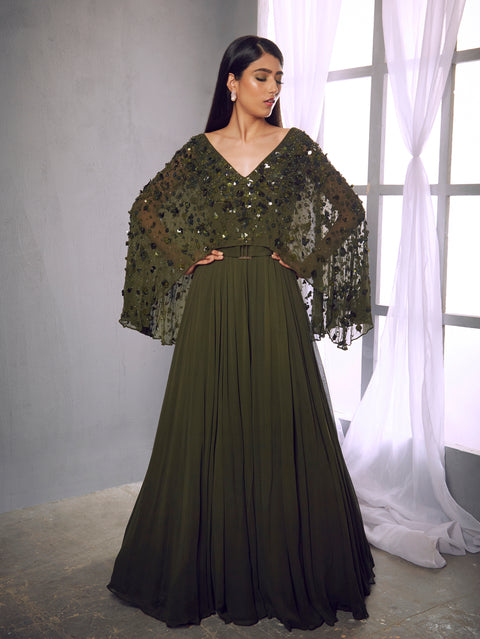 Shloka Khialani-Olive Green Embroidered Gown With Belt-INDIASPOPUP.COM