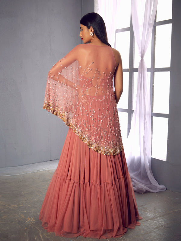 Shloka Khialani-Rose Pink Anarkali Gown With Cape-INDIASPOPUP.COM