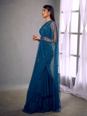 Shloka Khialani-Dark Blue Crop With Layered Skirt & Dupatta-INDIASPOPUP.COM