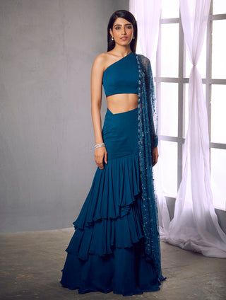 Shloka Khialani-Dark Blue Crop With Layered Skirt & Dupatta-INDIASPOPUP.COM
