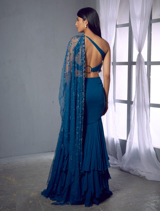 Shloka Khialani-Dark Blue Crop With Layered Skirt & Dupatta-INDIASPOPUP.COM