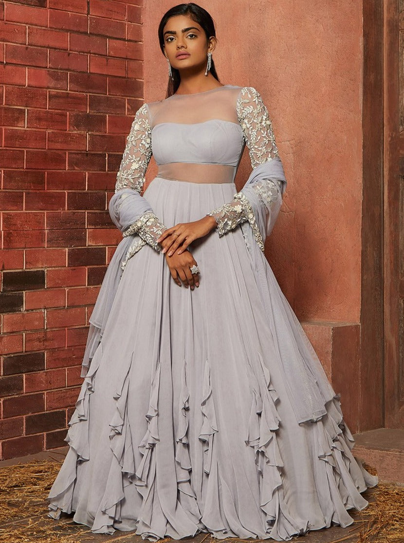 flowy anarkali dress Black Printed Border Anarkali Set With Palazzo And Dupatta