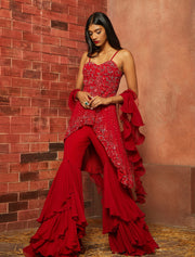 Shloka Khialani-Red Raya Layered Sharara Set-INDIASPOPUP.COM