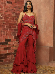 Shloka Khialani-Red Raya Layered Sharara Set-INDIASPOPUP.COM