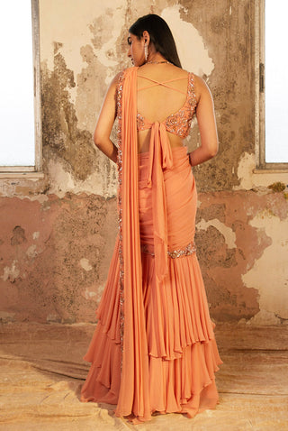 Shloka Khialani-Serena Peach Layered Pre-Stitched Saree With Blouse-INDIASPOPUP.COM
