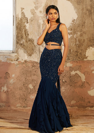 Shloka Khialani-Ezra Blue Embellished Crop With Ruffled Skirt-INDIASPOPUP.COM