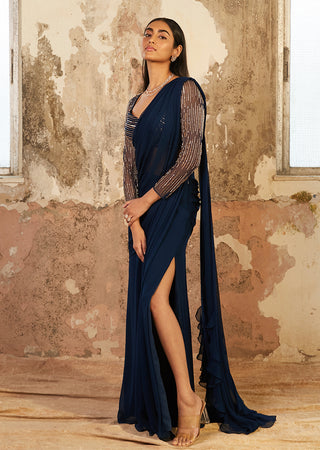 Shloka Khialani-Marina Blue Pre-Draped Saree With Blouse-INDIASPOPUP.COM