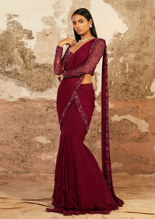 Shloka Khialani-Aubrey Plum Purple Pre-Draped Saree With Blouse-INDIASPOPUP.COM