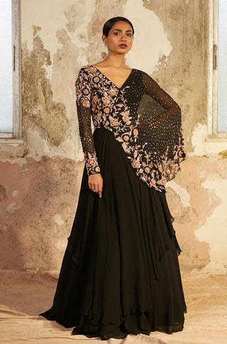 Shloka Khialani-Noire Black Layered Georgette Gown-INDIASPOPUP.COM
