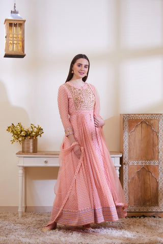 Shyam Narayan Prasad-Peach Embroidered Anarkali Set-INDIASPOPUP.COM