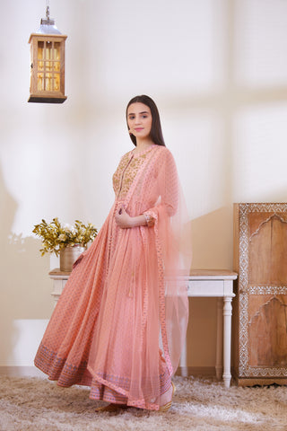 Shyam Narayan Prasad-Peach Embroidered Anarkali Set-INDIASPOPUP.COM