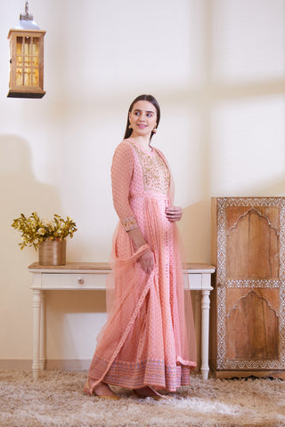 Shyam Narayan Prasad-Peach Embroidered Anarkali Set-INDIASPOPUP.COM