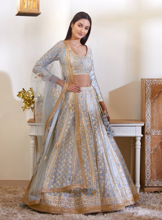 Shyam Narayan Prasad-Smoke Blue Lehenga Set-INDIASPOPUP.COM