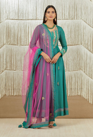 Shyam Narayan Prasad-Teal Pink Embroidered Anarkali Set-INDIASPOPUP.COM