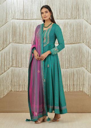 Shyam Narayan Prasad-Teal Pink Embroidered Anarkali Set-INDIASPOPUP.COM