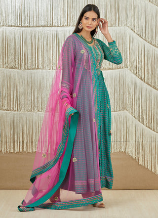 Shyam Narayan Prasad-Teal Pink Embroidered Anarkali Set-INDIASPOPUP.COM