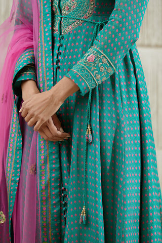 Shyam Narayan Prasad-Teal Pink Embroidered Anarkali Set-INDIASPOPUP.COM