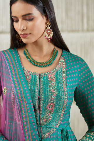 Shyam Narayan Prasad-Teal Pink Embroidered Anarkali Set-INDIASPOPUP.COM