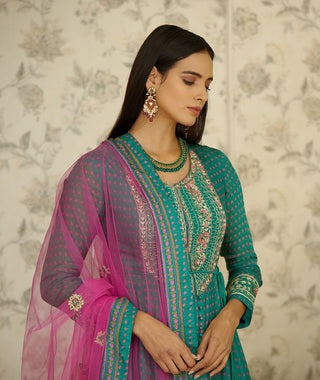 Shyam Narayan Prasad-Teal Pink Embroidered Anarkali Set-INDIASPOPUP.COM