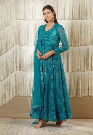 Shyam Narayan Prasad-Teal Embroidered Anarkali Set-INDIASPOPUP.COM