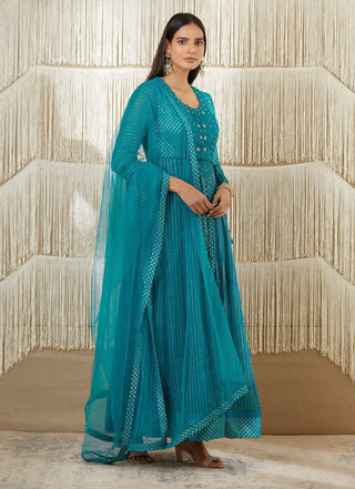 Shyam Narayan Prasad-Teal Embroidered Anarkali Set-INDIASPOPUP.COM