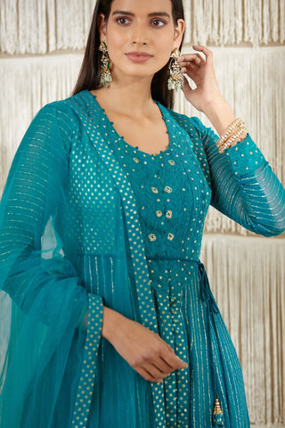 Shyam Narayan Prasad-Teal Embroidered Anarkali Set-INDIASPOPUP.COM