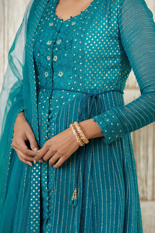 Shyam Narayan Prasad-Teal Embroidered Anarkali Set-INDIASPOPUP.COM