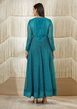 Shyam Narayan Prasad-Teal Embroidered Anarkali Set-INDIASPOPUP.COM