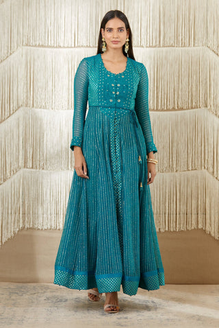 Shyam Narayan Prasad-Teal Embroidered Anarkali Set-INDIASPOPUP.COM