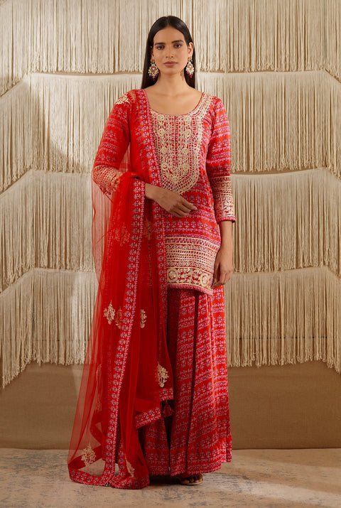 Shyam Narayan Prasad-Red Embroidered Sharara Set-INDIASPOPUP.COM