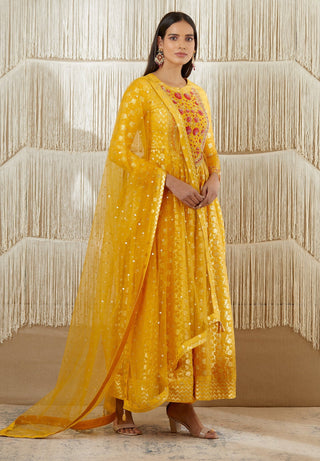 Shyam Narayan Prasad-Mustard Embroidered Anarkali Set-INDIASPOPUP.COM