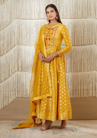 Shyam Narayan Prasad-Mustard Embroidered Anarkali Set-INDIASPOPUP.COM