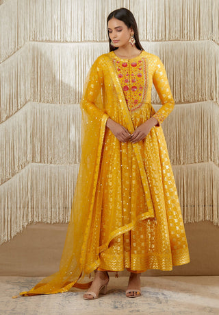 Shyam Narayan Prasad-Mustard Embroidered Anarkali Set-INDIASPOPUP.COM