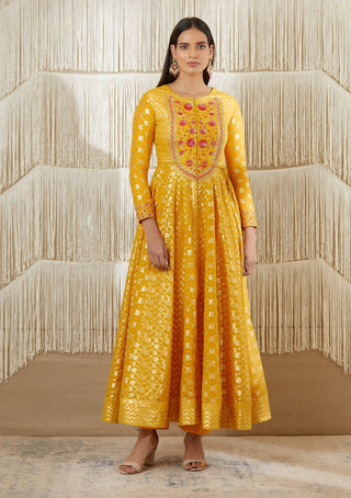 Shyam Narayan Prasad-Mustard Embroidered Anarkali Set-INDIASPOPUP.COM