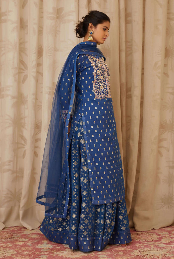 Shyam Narayan Prasad-Blue Brocade Kurta Skirt Set-INDIASPOPUP.COM