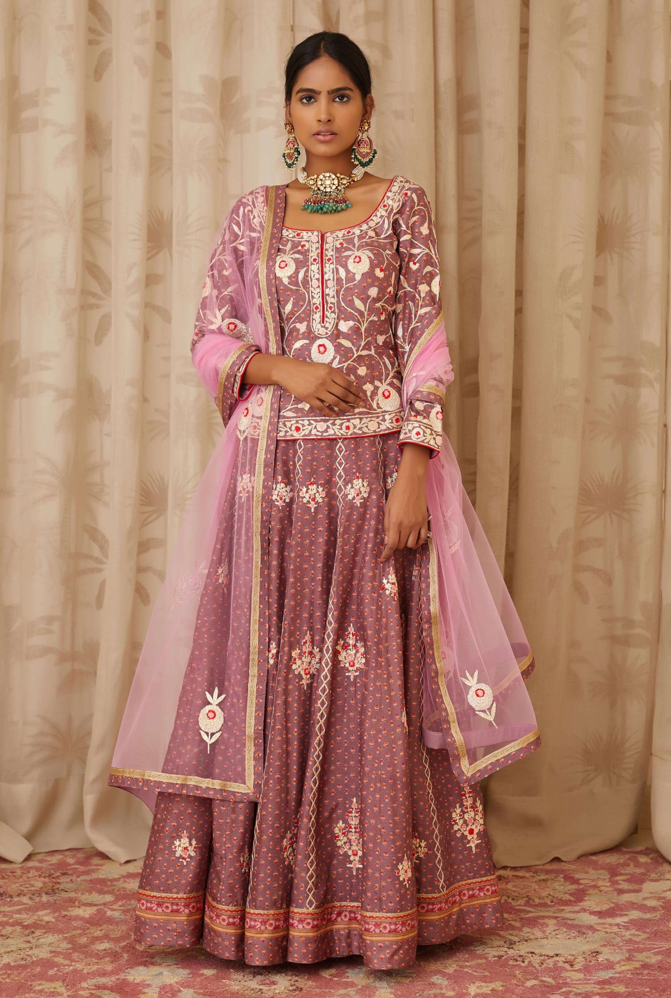 Shyam Narayan Prasad Purple Embroidered Kurti Lehenga Set