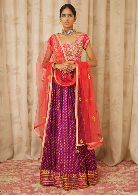 Shyam Narayan Prasad-Red Purple Embroidered Lehenga Set-INDIASPOPUP.COM