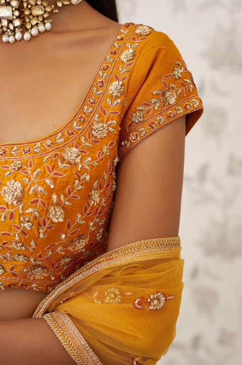 Shyam Narayan Prasad-Mustard Orange Embroidered Lehenga Set-INDIASPOPUP.COM
