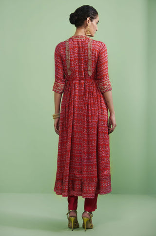 Shyam Narayan Prasad-Red Printed Anarkali Set-INDIASPOPUP.COM