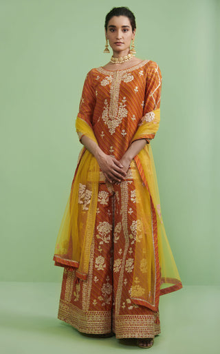 Shyam Narayan Prasad-Orange Yellow Chanderi Sharara Set-INDIASPOPUP.COM