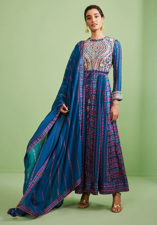 Shyam Narayan Prasad-Teal Blue Embroidered Anarkali Set-INDIASPOPUP.COM