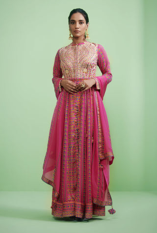 Shyam Narayan Prasad-Pink Gota Embroidered Anarkali Set-INDIASPOPUP.COM
